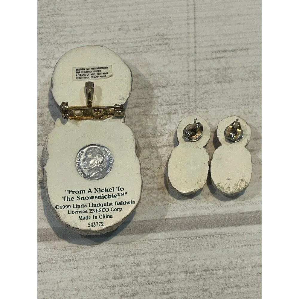 1999 Snowsnickel brooch, pen, and earrings set from a nickel to the snowsnickel
